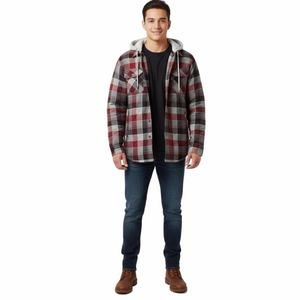 Wrangler Red Grey Black Plaid Quilted Hooded Flannel Lumberjack Shacket Small